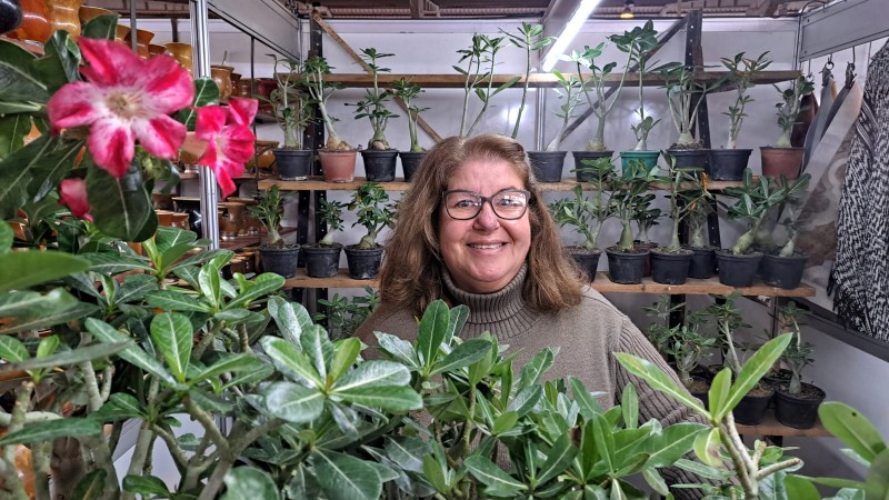 Jurema Pacheco, de Caraá, levou para feira plantas exóticas