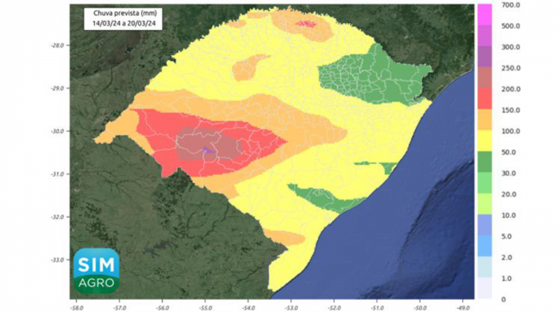 Chuva prevista (mm) de 14 a 20 de março de 2024