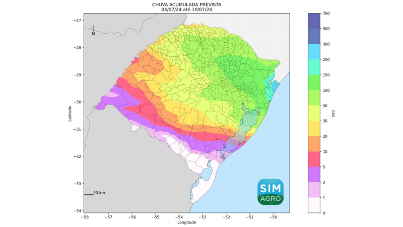 Chuva prevista (mm) de 4 a 10 de julho de 2024