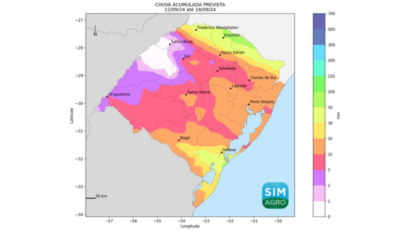 Chuva prevista (mm) de 12 a 18 de setembro de 2024