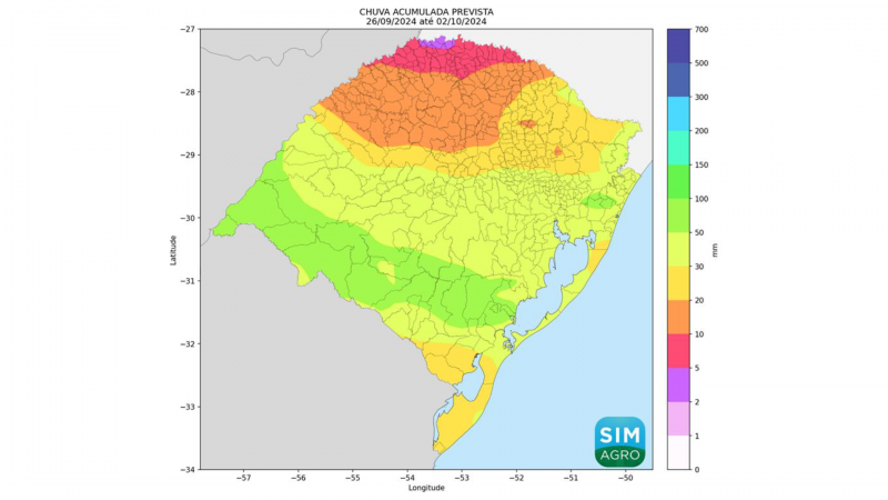 Chuva prevista (mm) de 26 de setembro a 2 de outubro de 2024