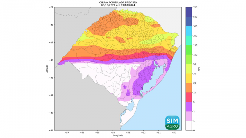 Chuva prevista (mm) de 3 a 9 de outubro de 2024