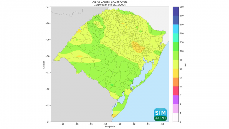 Chuva prevista (mm) de 10 a 16 de outubro de 2024