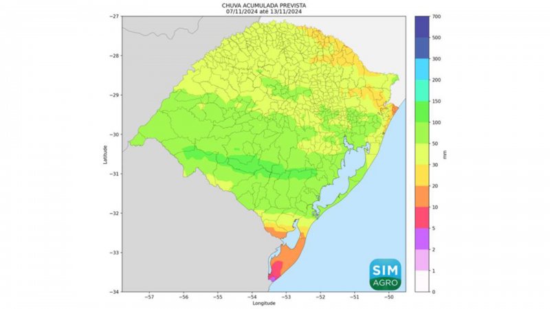 Chuva prevista (mm) de 7 a 13 de novembro de 2024