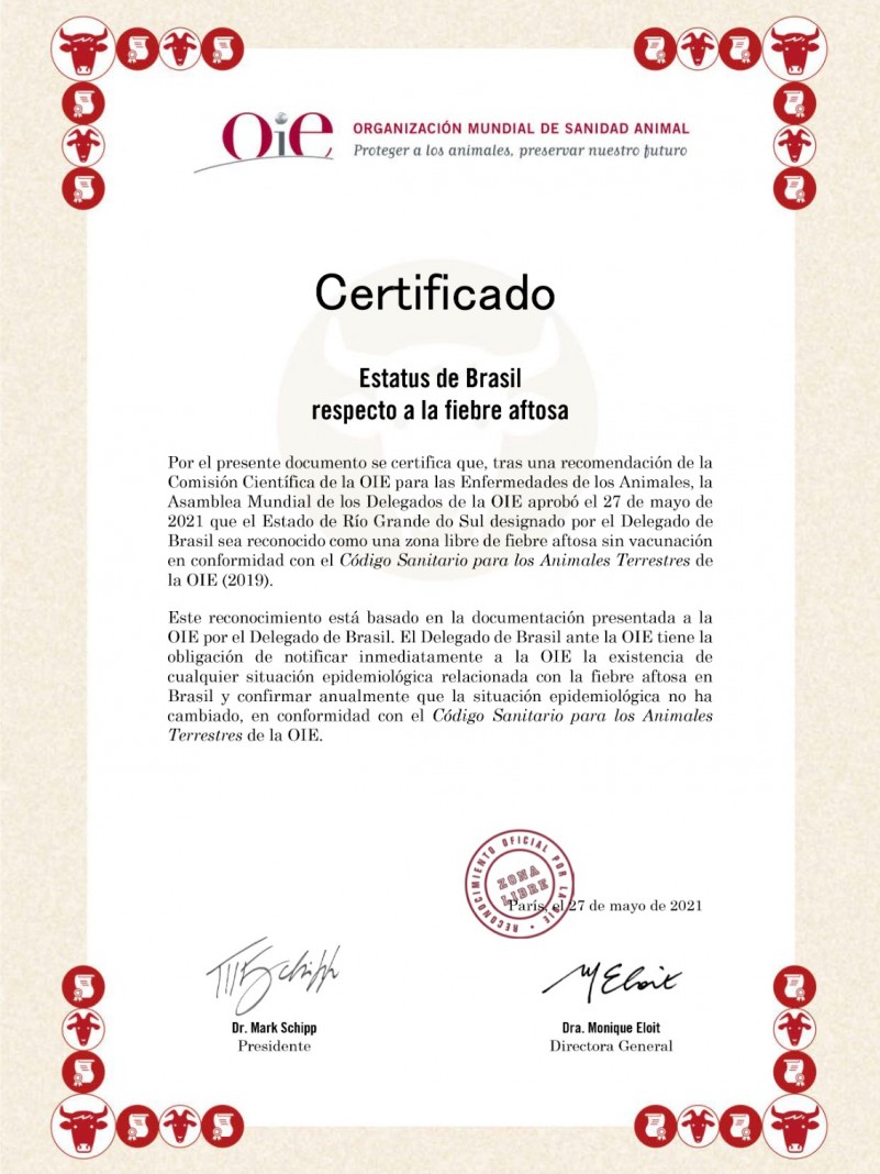 Certificação internacional de zona livre de febre aftosa sem vacinação concedida pela OIE em 2021