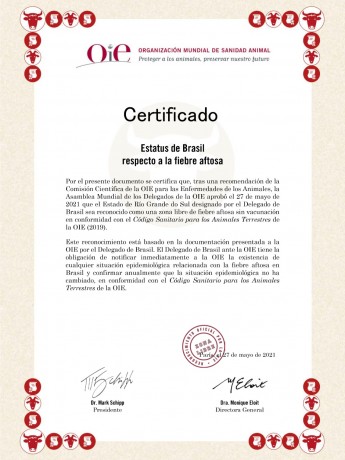 Certificação internacional de zona livre de febre aftosa sem vacinação concedida pela OIE em 2021